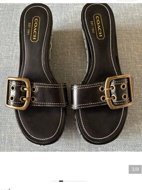 ISO -COACH Black Leather Slide Sandals with Brass Buckles